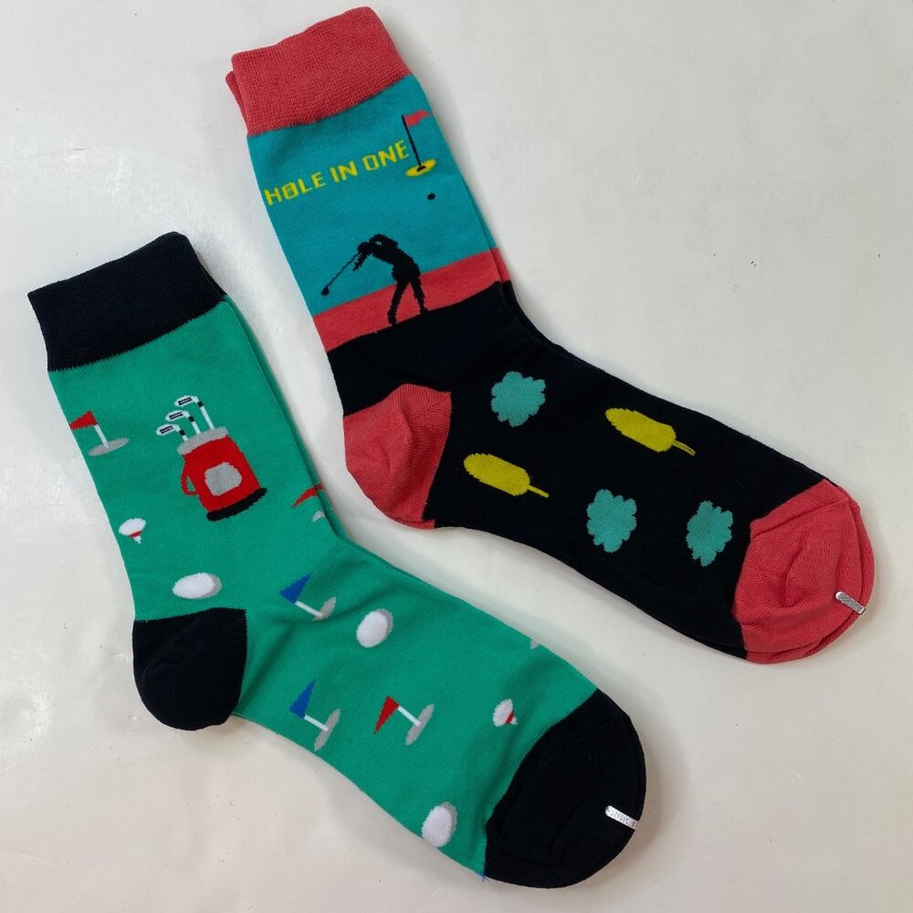 Mens Crew Socks Set 2 Golf Clubs Balls "Hole In One" Green Black Blue Pink
